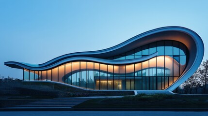 Striking Modern Architecture of a Curved, Glass-Faced Building Surrounded by Nature in a Serene Evening Setting with Soft Lighting and Innovative Design Features