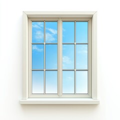 clean, white-framed window with blue sky reflections, isolated on a clean white background