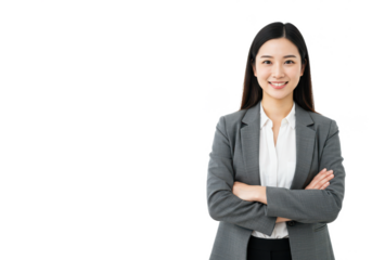 A professional woman in a gray blazer over a white blouse, standing with arms crossed, smiling confidently. The image is isolated on a white background