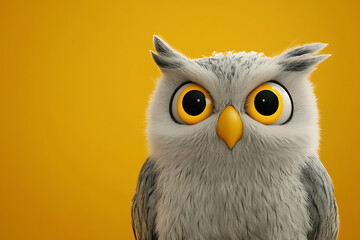 Obraz premium owl on a yellow background, owl on a blank yellow background, a owl, owl, cute owl, yellow background, copy space for add text, 3d rendering, 3d, vector, AI generative