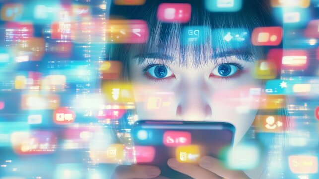 Person shows astonishment while scrolling through a sea of colorful app icons and screens, immersed in tech, internet addiction concept