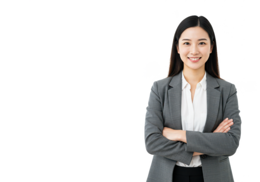 A professional woman in a gray blazer over a white blouse, standing with arms crossed, smiling confidently. The image is isolated on a white background
