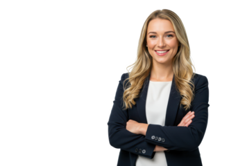 A confident woman with long blonde hair, wearing a navy blazer over a white top, standing with arms crossed and smiling warmly