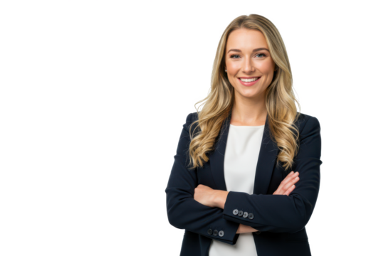 A confident woman with long blonde hair, wearing a navy blazer over a white top, standing with arms crossed and smiling warmly
