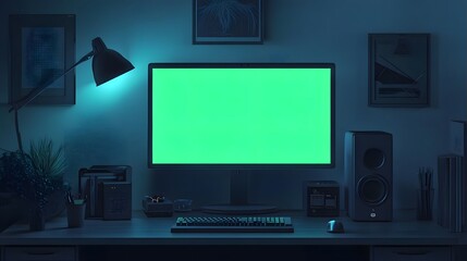 A dimly lit workspace featuring a blank monitor, keyboard, and speaker.