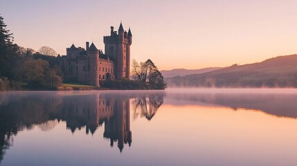 Fototapeta premium A castle bathed in the soft pink and orange hues of dawn, reflected delicately in the serene waters of the lake. The peaceful morning atmosphere feels fresh and hopeful
