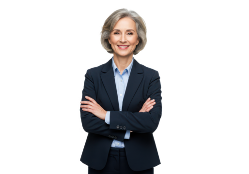 A professional middle-aged woman in a dark blue suit with a light blue shirt, standing with arms crossed and smiling