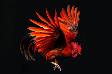 Obraz premium Rooster in mid-flight with wings spread, isolated on a black background. Close-up photo. Dynamic motion concept. Generative AI