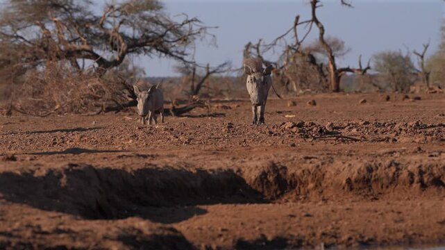 Three cute warthog piglets running towards the camera, Mashatu Botswana.