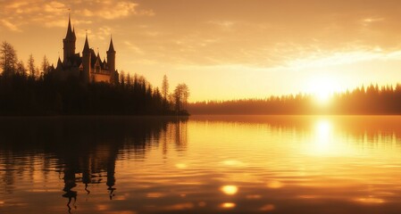 Fototapeta premium A castle bathed in the golden light of late afternoon, reflected perfectly in the shimmering lake. The warm glow creates an inviting, almost magical atmosphere,