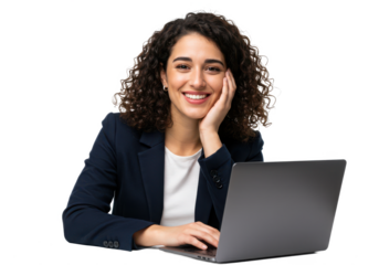 A cheerful woman with curly dark brown hair in a navy blazer and white blouse, seated at a desk with a laptop, smiling and resting her hand on her face