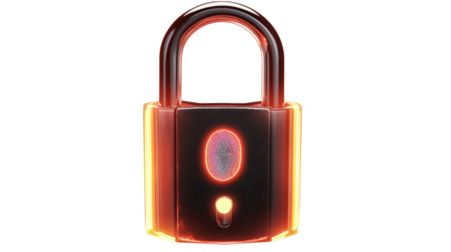 Fingerprint padlock scanning on transparent background: biometric security concept