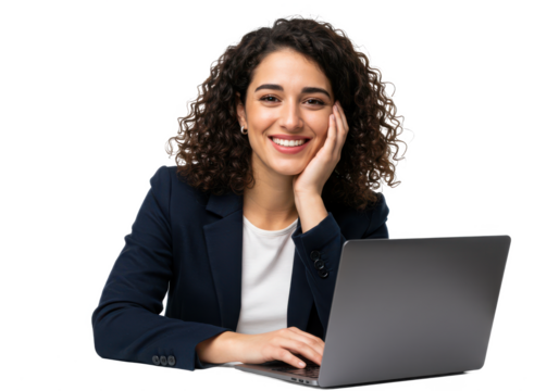A cheerful woman with curly dark brown hair in a navy blazer and white blouse, seated at a desk with a laptop, smiling and resting her hand on her face