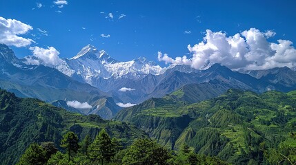 Majestic Himalayan Mountain Range with Lush Green Terraces