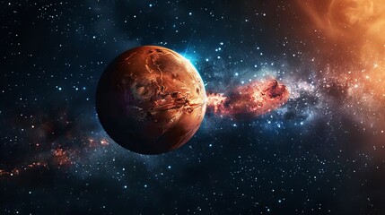 Fototapeta premium Immersive surreal cosmic landscape with vibrant abstract planets, shimmering nebula clouds, and a dramatic star-filled galaxy