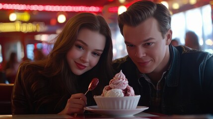 Young Couple Enjoying an Ice Cream Sundae Together in a Cozy and Colorful Diner Setting