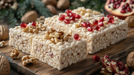 Deliciously Festive Sweets: A Close-Up of Traditional Holiday Treats Featuring Rice Crispy Squares Topped with Pomegranates and Walnuts on a Rustic Wooden Platter