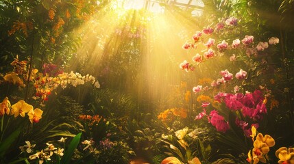 Obraz premium Sunlit Orchid Garden: A Serene Botanical Paradise