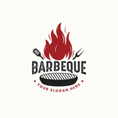 Barbeque grill logo with spatula and fire icon design template
