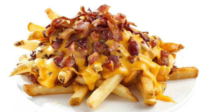 Delicious french fries topped with melted cheese and crispy bacon on transparent background - Powered by Adobe