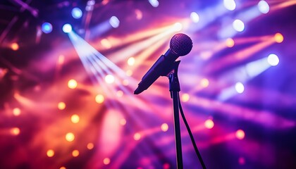 Obraz premium Stage microphone under colorful concert lighting