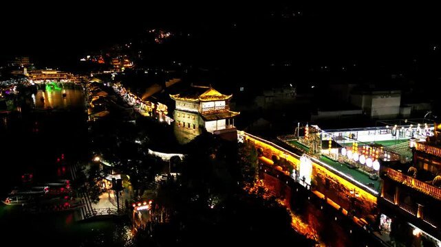 Fenghuang, Tuojiang River, Night lights, China