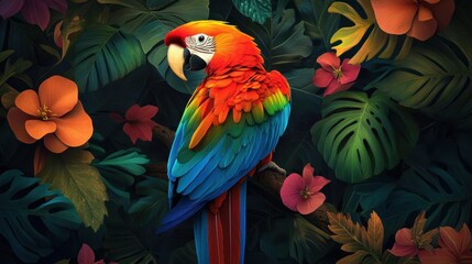 Obraz premium Multicolored Parrot Amidst Leaves and Flowers