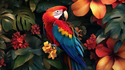 Fototapeta premium Multicolored Parrot Amidst Leaves and Flowers