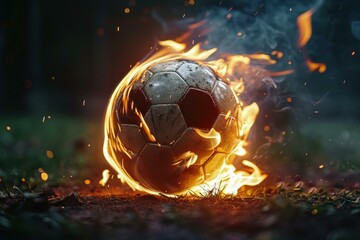 Fototapeta premium Soccer ball engulfed in flames, representing intensity and excitement of the game