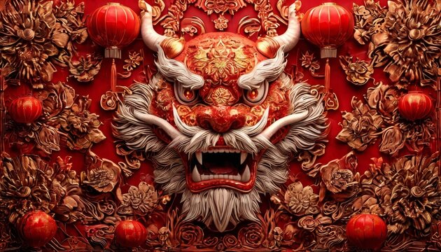 Ornate red gold chinese new year decor highlighting intricate dragon head, traditional lanterns, symbolic floral motifs celebrating cultural holiday festivities