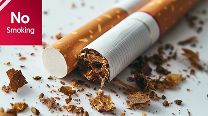 National No Smoking Day.Close-up of broken cigarettes with "No Smoking" sign.