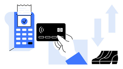 Hand holding a card near a POS terminal with receipt, escalator icon, and arrows. Ideal for finance, technology, contactless payments, shopping, business transactions, modern commerce convenience