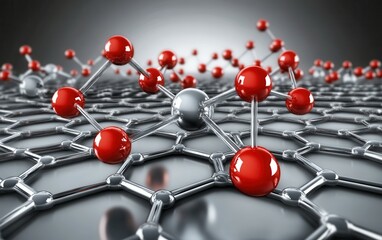 Abstract representation of molecular structure with interconnected metal atoms and bright red spheres illustrating scientific concepts and atomic interactions in 3D