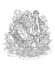 Fairy tale house. Coloring page. Magic forest hut, black and white picture