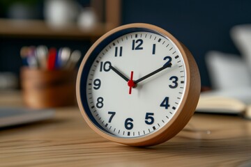Eight Hours Day. A white alarm clock with orange accents on a desk with office supplies.