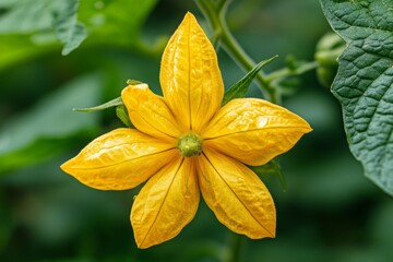 Close-up of a vibrant yellow flower with five petals, showcasing intricate details and water droplets.
