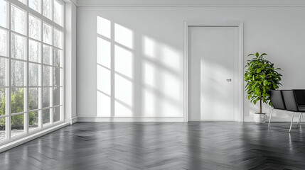Fototapeta premium Showcase Your Designs: Modern Wall Mockup with Sunlit Room and Dark Wood Floor, Perfect for Interior Design Presentations