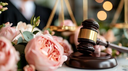International Day of Women Judges.Judge's gavel with wedding elements in soft lighting.