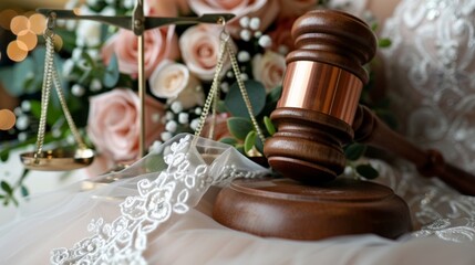International Day of Women Judges.Judge's gavel with wedding elements in soft lighting.