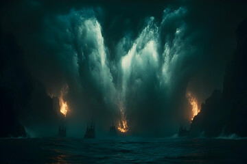 Obraz premium Ships engulfed by stormy sea, fiery cliffs