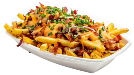 French fries topped with cheese, bacon, and chives on transparent background