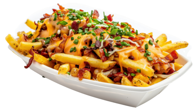 French fries topped with cheese, bacon, and chives on transparent background