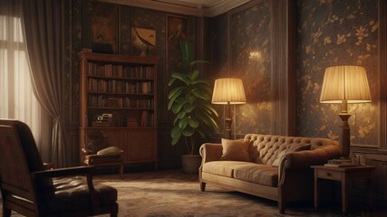 vintage living room, antique furniture, retro home decor, classic interior design, elegant room,...