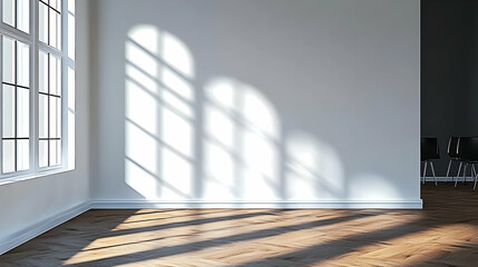 Obraz premium Showcase Your Designs: Wall Mockup with Sunlight & Wooden Floor, Perfect for Interior Design Projects