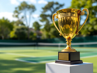 Shiny golden tennis trophy on display at outdoor court during tennis day celebration