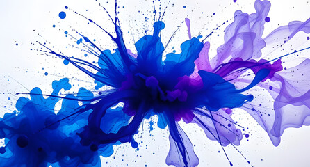 Abstract ink splash explosion background. Deep blue and violet ink bursts suspended in liquid.