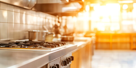 Warm sunlight illuminating modern stainless steel kitchen interior with stove and countertops