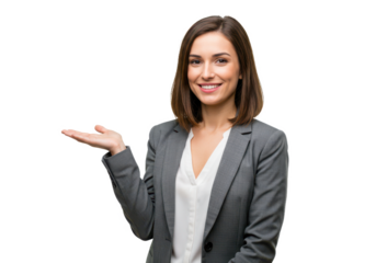 A smiling woman with shoulder-length brown hair, wearing a gray blazer over a white blouse, holding one hand open in a presenting gesture