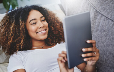 Relax, reading and woman on couch with tablet for university registration, research or checking...