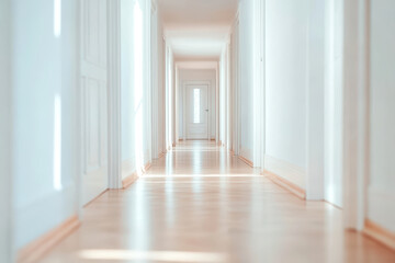 Fototapeta premium Bright minimalist hallway with sunlight illuminating white doors creating serene architectural perspective